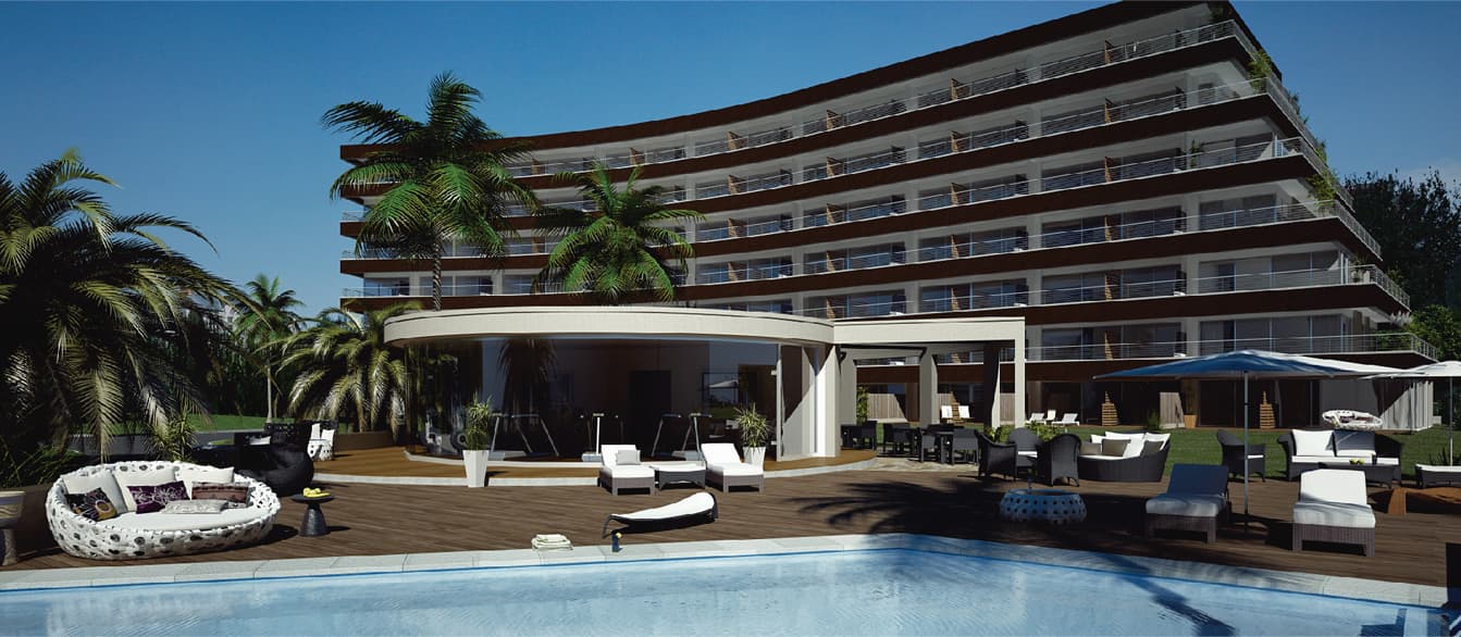 El Faro Nordelta: edificio residencial, jardines y piscina junto al lago